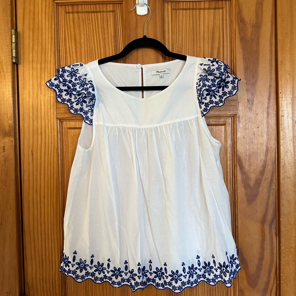 Madewell White and Blue Embroidered Women's Top, Size 10